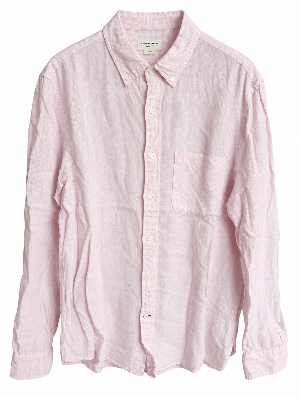 Club Monaco Slim Fit Pink & White Faint Plaid 100% Linen Shirt Size M